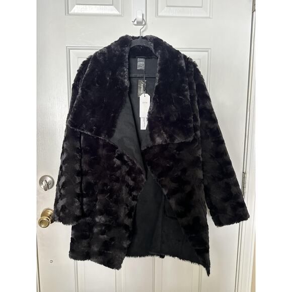 Express Faux Fur Coat Womens XS Black Plush Teddy Open Front Shawl Collar Winter - Picture 2 of 7